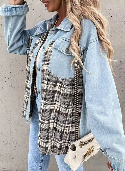 lovwvol  -  New Autumn Women Button Coat Spring Irregular Tops Outwear Mujer Vintage Fashion Plaid Print Patchwork Denim Jacket Elegant