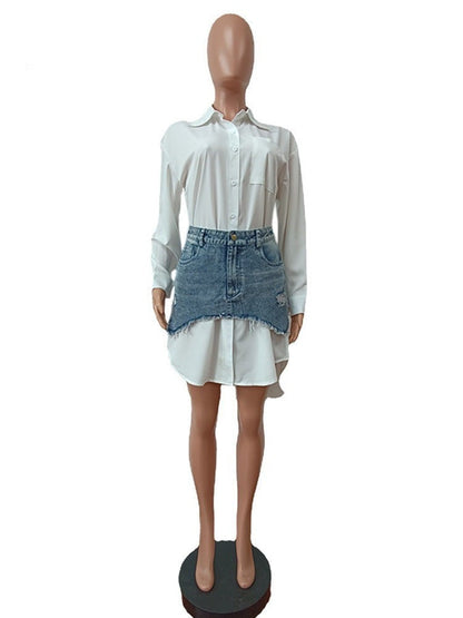 Solid Lapel Long Sleeve Single Breasted Shirt Dress and Irregular Denim Skirt Two Piece Set Women 2023 Cute Street Outfit