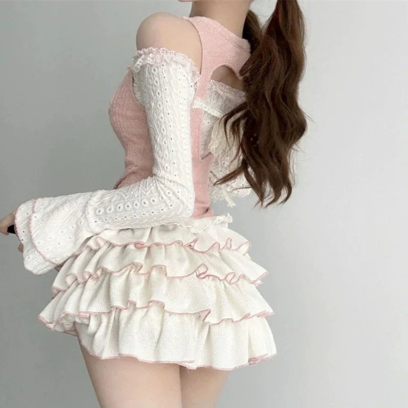 Kawaii White Ballet Mini Skirts Women Summer Elastic Waist Ruffles Lolita Skirt Japanese Casual Party A-Line High Waist Skirt