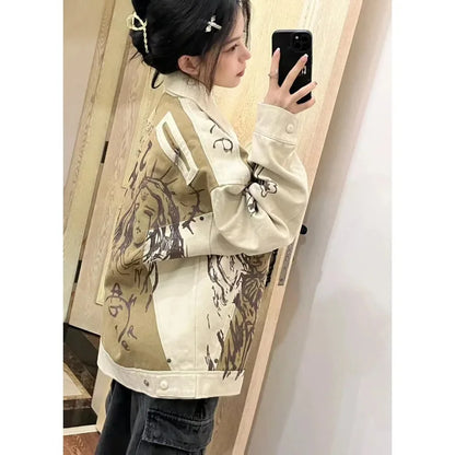 lovwvol  -  Autumn Retro Graffiti Printed Jacket For Men And Women Oversized Casual Couple Jacket Versatile jaqueta aviador feminina