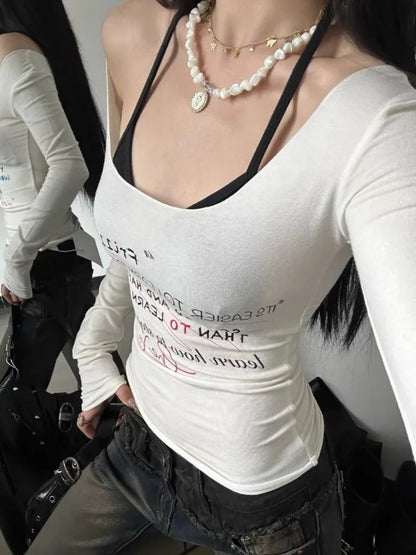 lovwvol Y2k Aesthetic Crop T-shirts Women Vintage Letter Print Korean Streetwear Harajuku Grunge T-shirts Sexy See Through Tops