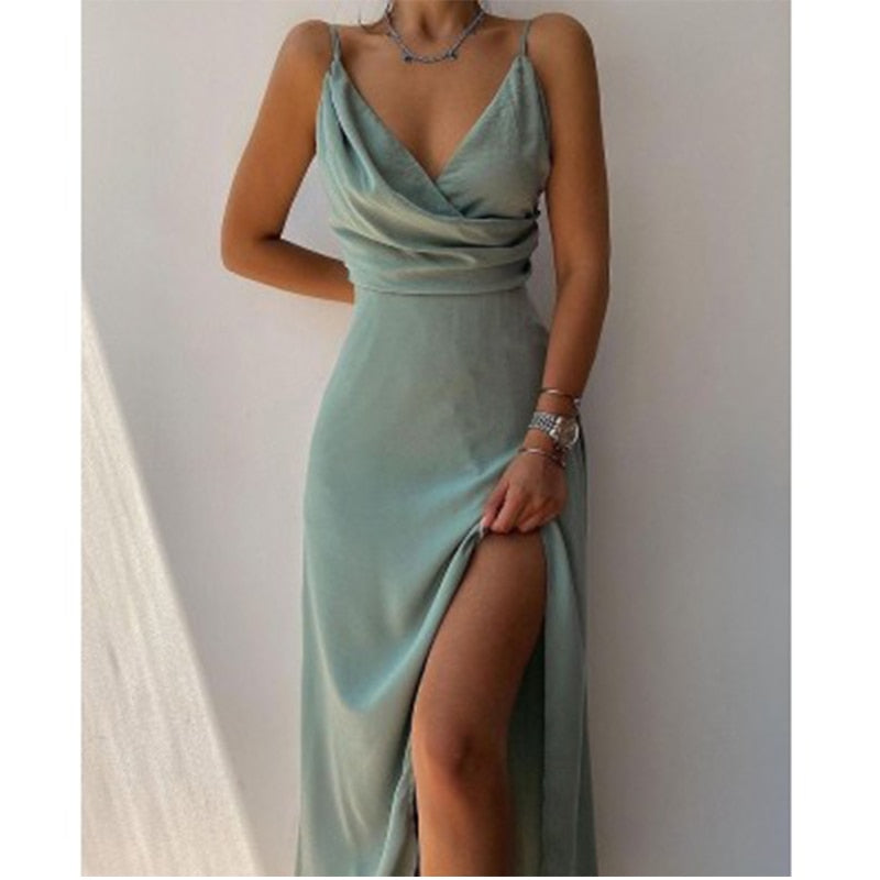 Women Spaghetti Strap Satin Prom Dress Long Elegant Mint Green Backless Summer A-line Maxi Evening Party Gown Vestidos Gala