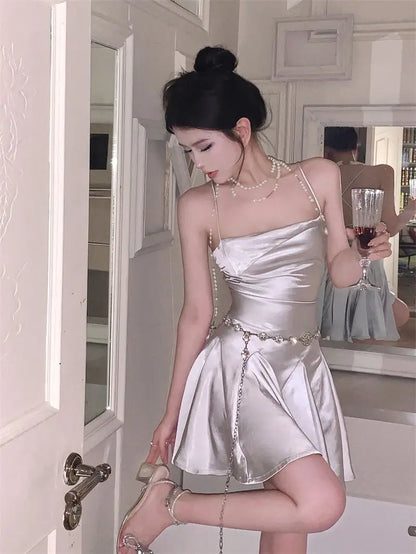 lovwvol Women 2024 Summer Korean Style Backless Retro Off Shoulder Dress Slim Lace Up Dress Female Sleeveless Sexy Mini Dress