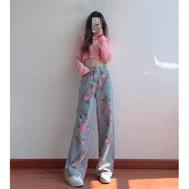 lovwvol Baggy Jeans Korean Fashion High Waist Slim Vintage Print Loose Straight Women's Pants Y2k Elegant Wide Leg Vaqueros