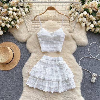 2024 Sweet Ruched Two Pieces Sets V Neck Strap Crop Tops+Short Pleated Skirt Women Korean Style Chic Summer Beachwear Suits