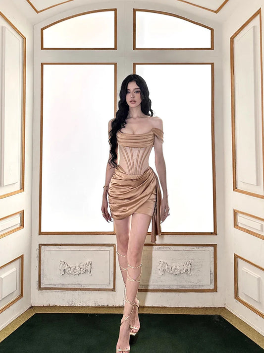 lovwvol Luxury Gold Corset Mini Satin Dress Women Fishbone Patchwork See-through Mesh Sparkle Party Evening Vintage Clothes