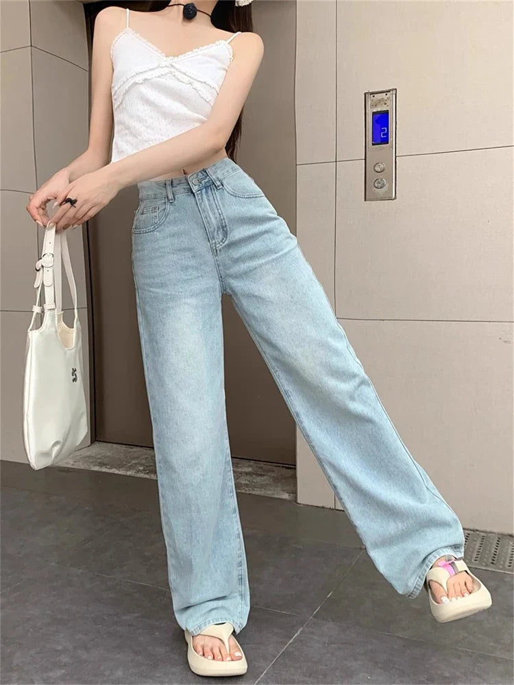 lovwvol Women's Bow Embroidered Design Summer Thin Jeans Young Girl Street Straight Bottoms Vintage Trousers Female Wide Leg Pants