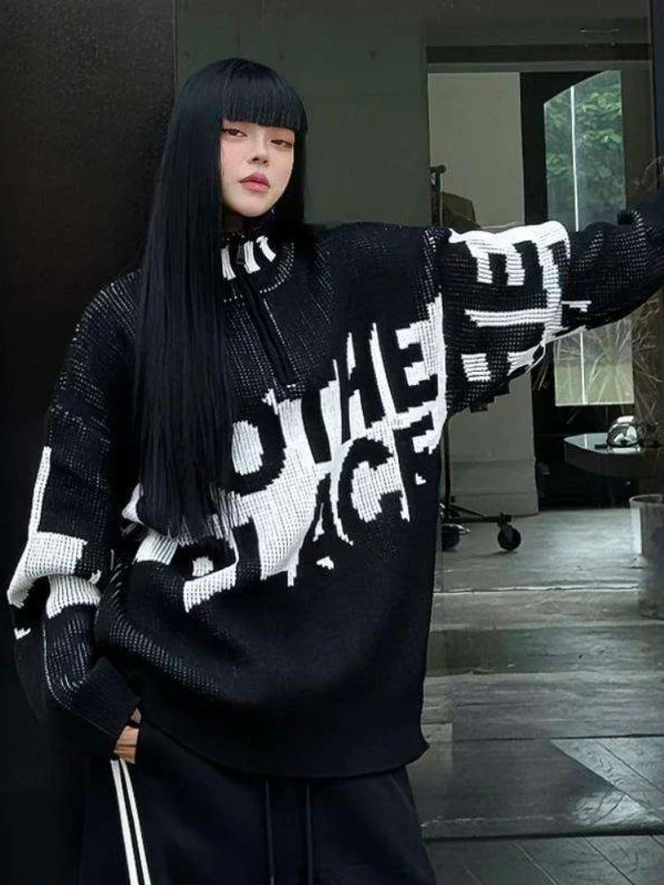 lovwvol  -  Men and Women Letter Jacquard Grunge Sweaters Y2k Aesthetic Half High Collar Zipper Jumpers Knitted Harajuku Oversized Pullovers