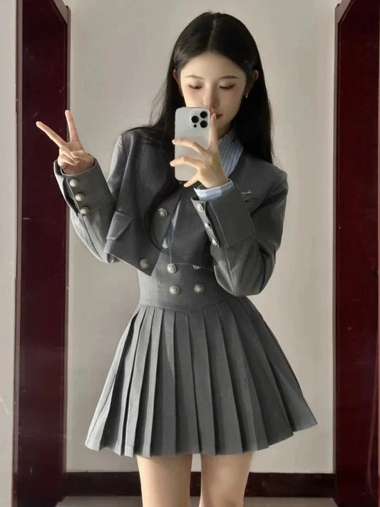 lovwvol Winter Vintage 3 Piece Set Women Patchwork Kawaii Skirt Suit Female Korean Fashion Short Coat+Pleated Skirt+Striped Shirt