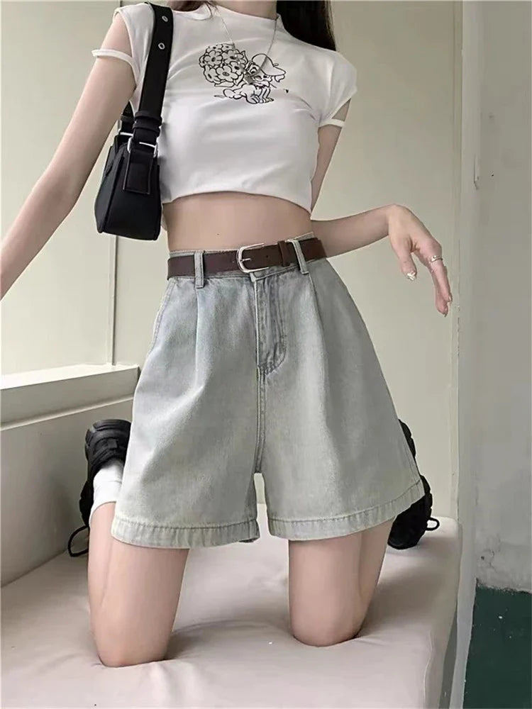 lovwvol Women's A-line Light Blue Thin Denim Shorts Summer Young Girl High Waisted Wide Leg Bottoms Female Knee Length Simple Style Pant