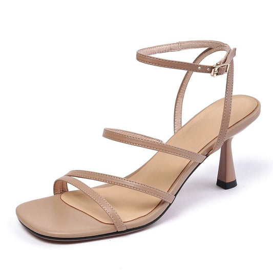 lovwvol New Ankle Strap Sandals Summer Women Sexy Party Lady Open Toe High Heels Fashion Woman Beige Apricot One Word Buckle Sandal