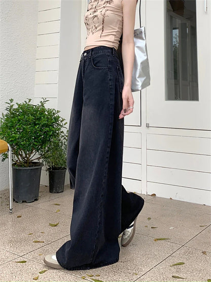 lovwvol Women's High Waisted Loose Wide Leg Pants Retro Black Jeans American Style Bottoms Casual Female Thin Denim Trousers 4XL