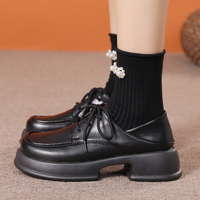 Black Chunky Platform Pumps Women 2023 Autumn Lace Up Thick Bottom Oxford Shoes Woman Plus Size 42 Comfort School Uniform Shoes