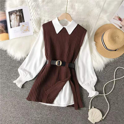 lovwvol lovwvol 2023 Autumn Two 2 Piece Knitted Vest Set Women Long Sleeve Shirt Solid Vintage Sleeveless College Style Waistband Sweater Tops