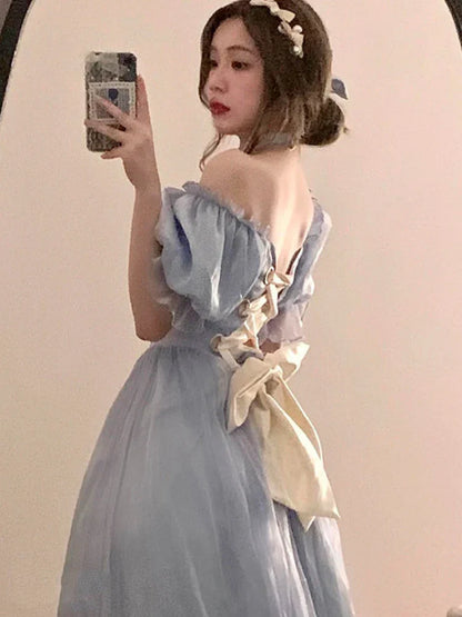 lovwvol France Vintage Mesh Dress Women Summer Blue White Black Retro Evening Party Dresses Sweet Korean Princess Fairy Dress prom dress