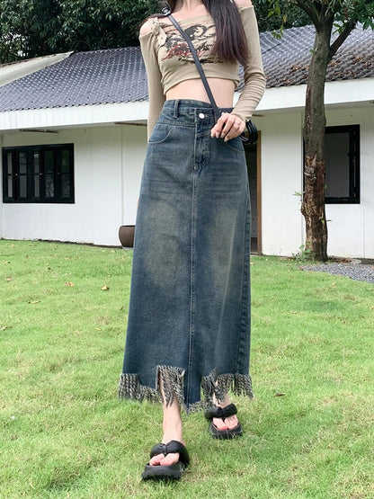 lovwvol  -  American Retro Denim Skirt Women's Autumn Vent Design Tassel A-line Hign Waist Denim Long Skirt Female Clothing