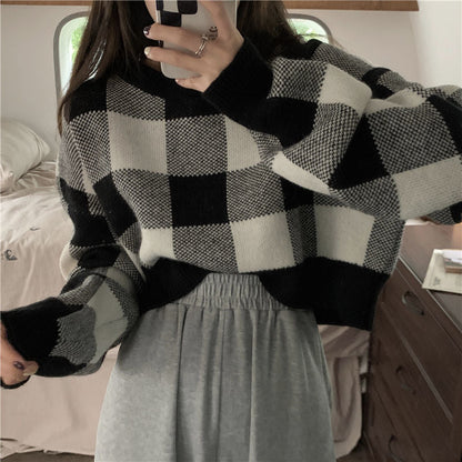 lovwvol Pullovers Crop Contrast Check Sweater Women Sueter Mujer Casual Knit Outwear Top 2023 Shirts for Women Blue Plaid Sweaters