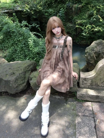 lovwvol   Vintage Y2k Cyber Punk Mini Brown Dress Women Grunge Korean Style Spaghetti Strap Dresses Harajuku Print Tulle Vestidos