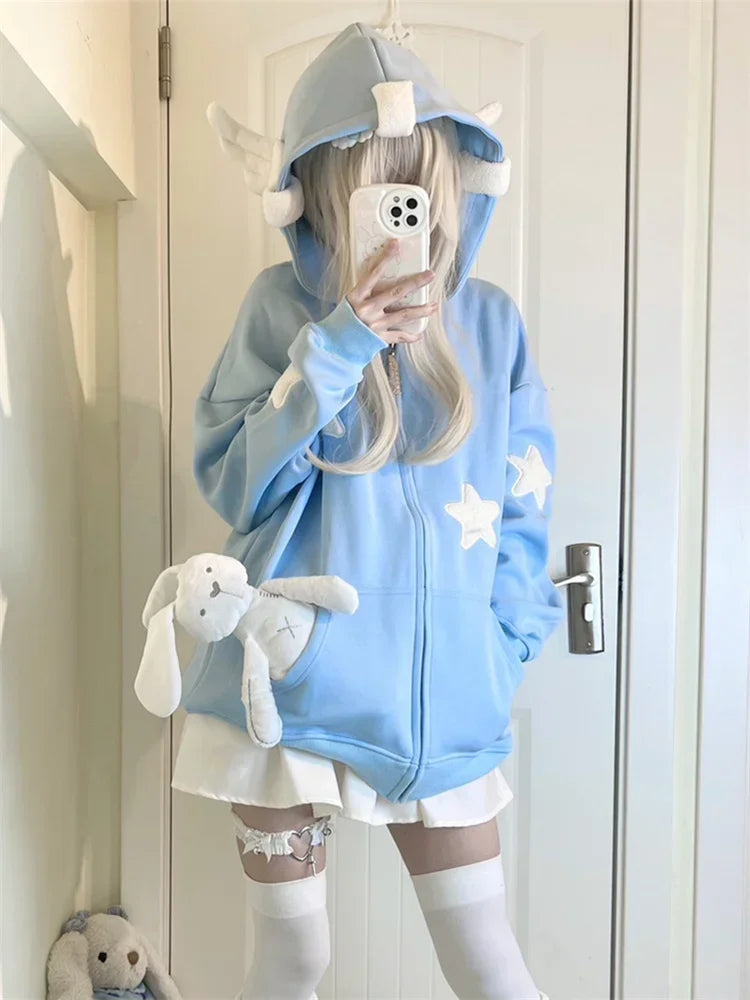 lovwvol  Japanese Y2K Zip Up Blue Hoodie Women Harajuku Kawaii Angel Wings Pink Sweatshirts Oversized Subculture Star Black Jacket