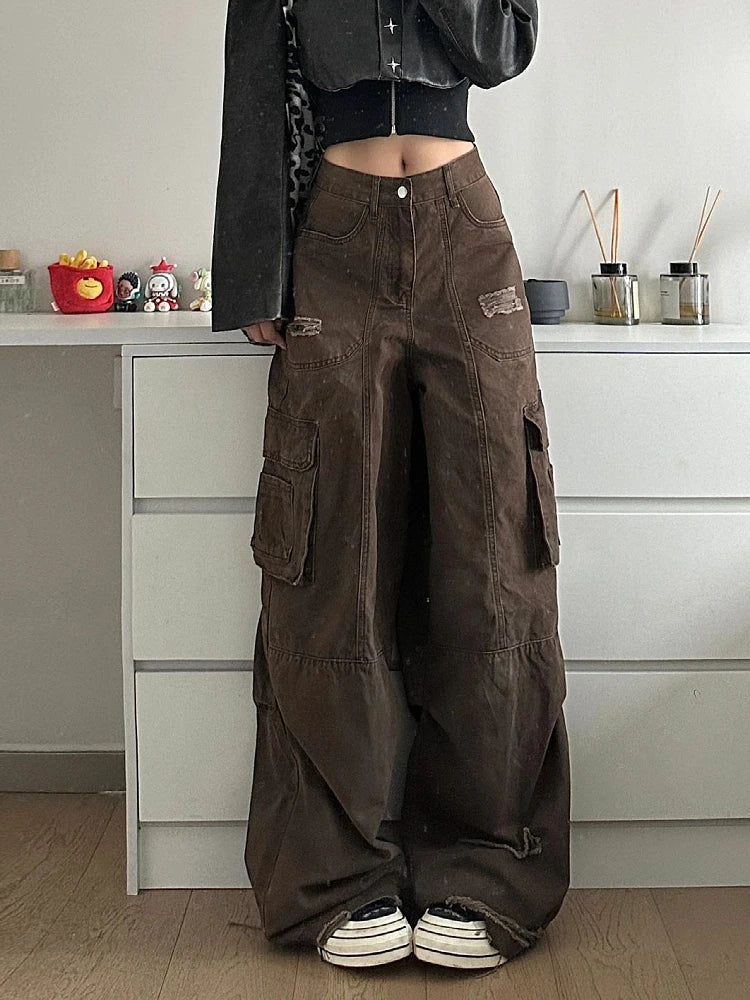 lovwvol Maillard Brown Pockets Cargo Pants Women Loose Casual Y2k Ripped Patchwork Distressed High Rise Baggy Jeans Workwear