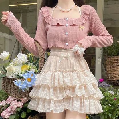 Kawaii Ruffle Skirt Women Coquette Cute Lolita High Waist A-line Bow Lace Fairycore Mesh Mini Skirt Summer Mori Girl