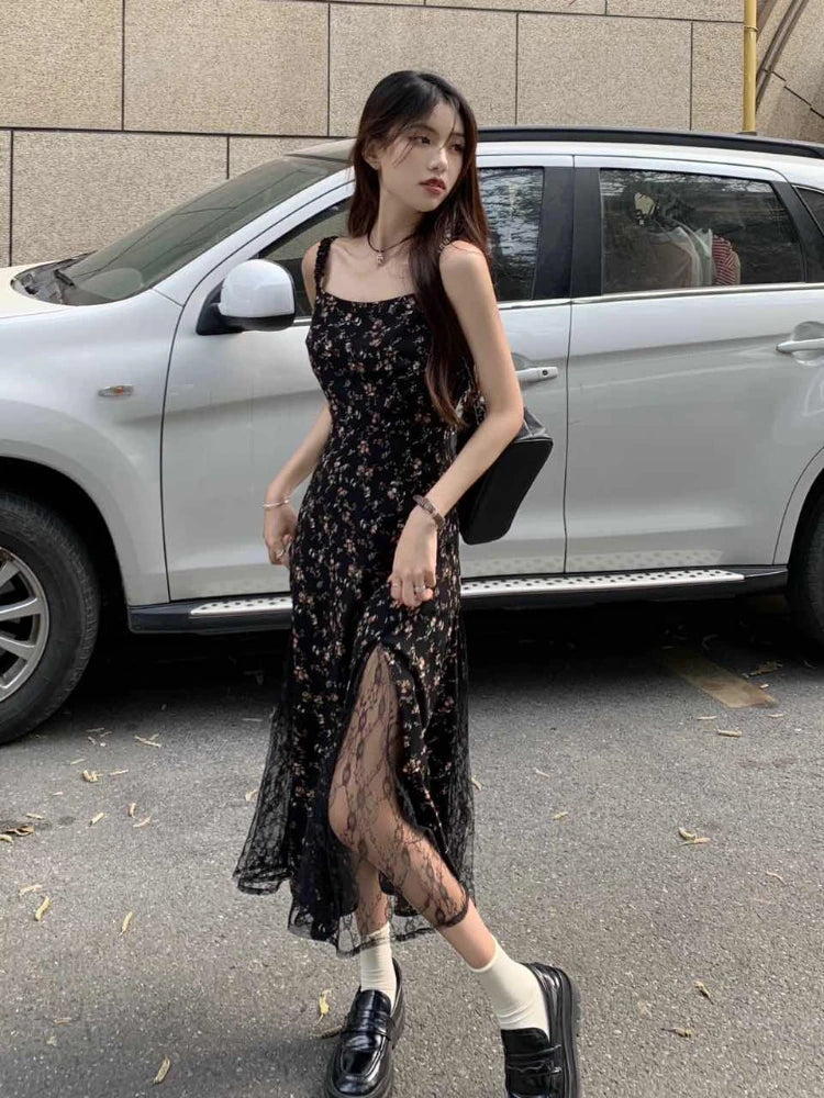 lovwvol   Y2k Vintage Black Mesh Dress Women Korean Reviews Many Dresses Fairy Floral Summer One Piece Midi Slip Chiffon Vestidos