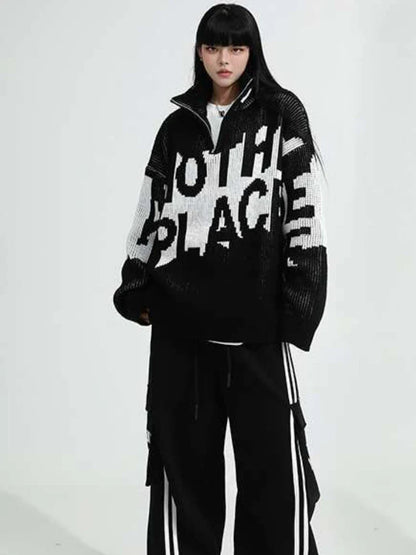 lovwvol  -  Men and Women Letter Jacquard Grunge Sweaters Y2k Aesthetic Half High Collar Zipper Jumpers Knitted Harajuku Oversized Pullovers