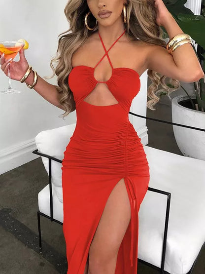 Hot Summer Sexy Halter Backless Sleeveless Cut Out Maxi Dress for Women Elegant Club Party Slit Dresses Vestido