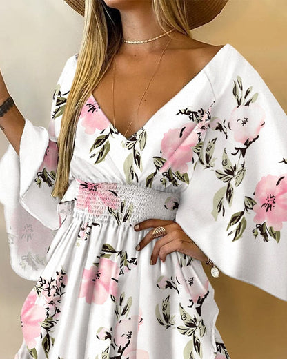 Asymmetric Batwing Sleeve Feather Print Dress