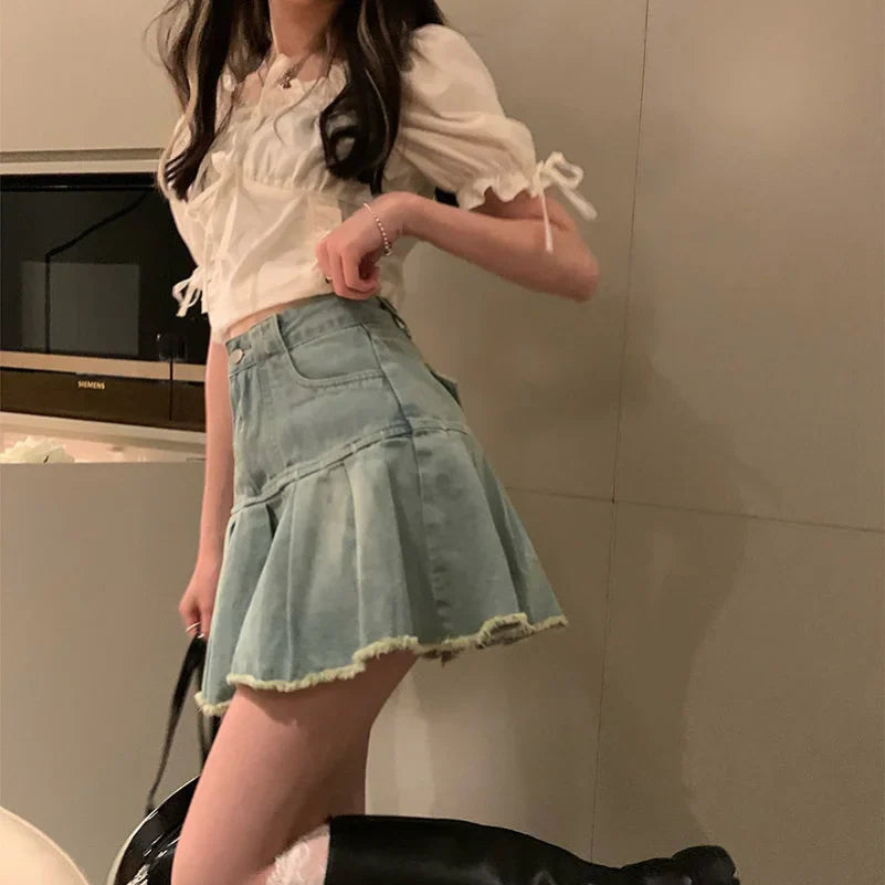 lovwvol New Do Old Denim Skirt For Students Female Spring Summer New Large Size High Waist Slimming Chic Frilled A-Line Pleated Skirt