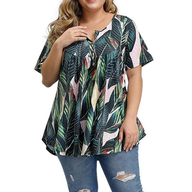 5XL Casual Summer T Shirt Women Boho V-Neck Print Floral Tshirt Plus Size Short Sleeve Leopard Tops Oversize Button Tee Top