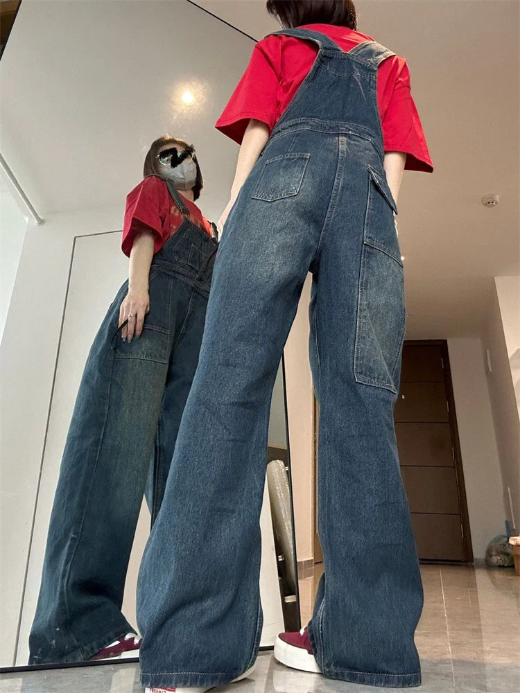 lovwvol Women's Vintage Suspender Jumpsuit Wide Leg Pants Young Girl Academic Style Rompers Female Retro Casual Straight Denim Trouser