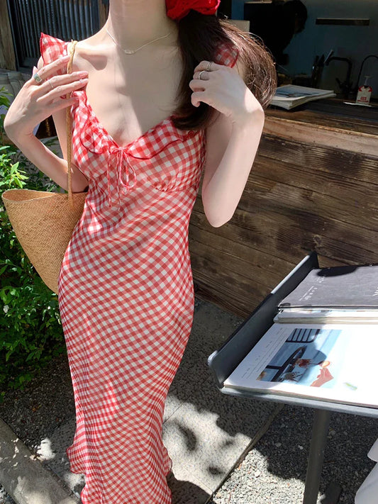 lovwvol Summer 2024 New Elegant Party Dress Women Casual Plaid Strap Midi Dress Y2k Korean Fashion Slim Temperament Fishtail Dress Chic