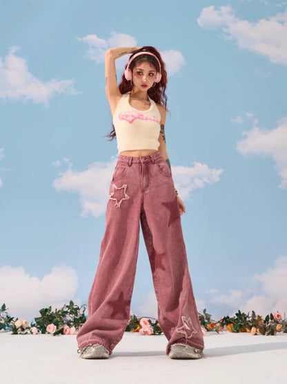 lovwvol Y2k Korean Vintage Women Fashion Streetwear Casual Red Star Baggy Hight Waist Pants Straight Jeans Wide Leg Trousers Alt Clothes