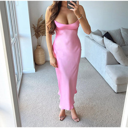 lovwvol lovwvol Pink Camis Long Dresses Women Satin Cut Out Sleeveless Slip Dress Female Backless Sexy Party Dresses Summer Slit Midi Dress