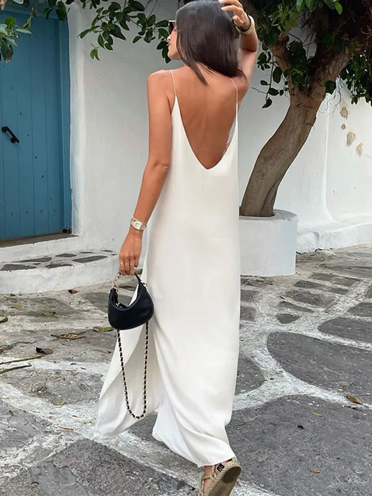 lovwvol Elegant V-neck Women Split Maxi Dress Fashion Backless Sleeveless Sling Dresses 2024 Summer Female White Beach Vacation Robes