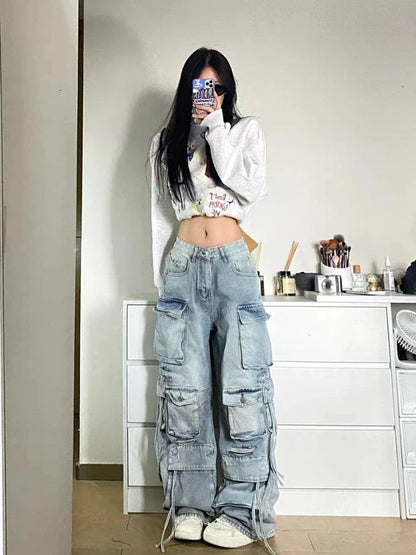 lovwvol New American Multi-pocket Overalls Female Y2K Fashion Trend High Street Retro Heavy Industry Loose Casual Wide-leg Jeans