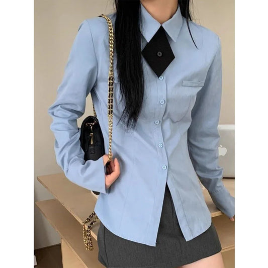 lovwvol Preppy Style Blue Shirts Women Korean Style Blouses with Tie Casual Long Sleeve Slim Cute Tops Basic Japanese Fashion