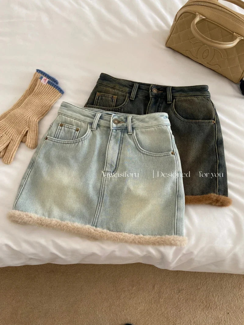 lovwvol  -  Spring and Autumn Hairy Splicing Denim Skirt Spicy Girl New Fashion Punk Style Plush High Waist Slimming Short Skirts for Women