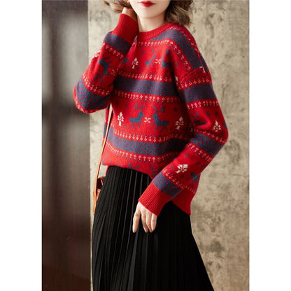 lovwvol Retro Christmas New Year Elk Jacquard Simple Round Neck Knitted Sweater Women Casual Long Sleeve Slim Pullover Top Female Jumper