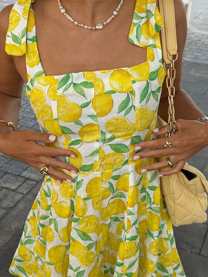 lovwvol Women Sweet Lemon Printed Mini Dress Chic Square Neck Sleeveless Lace Up A-line Dresses 2024 Summer Lady Street Pleated Robes