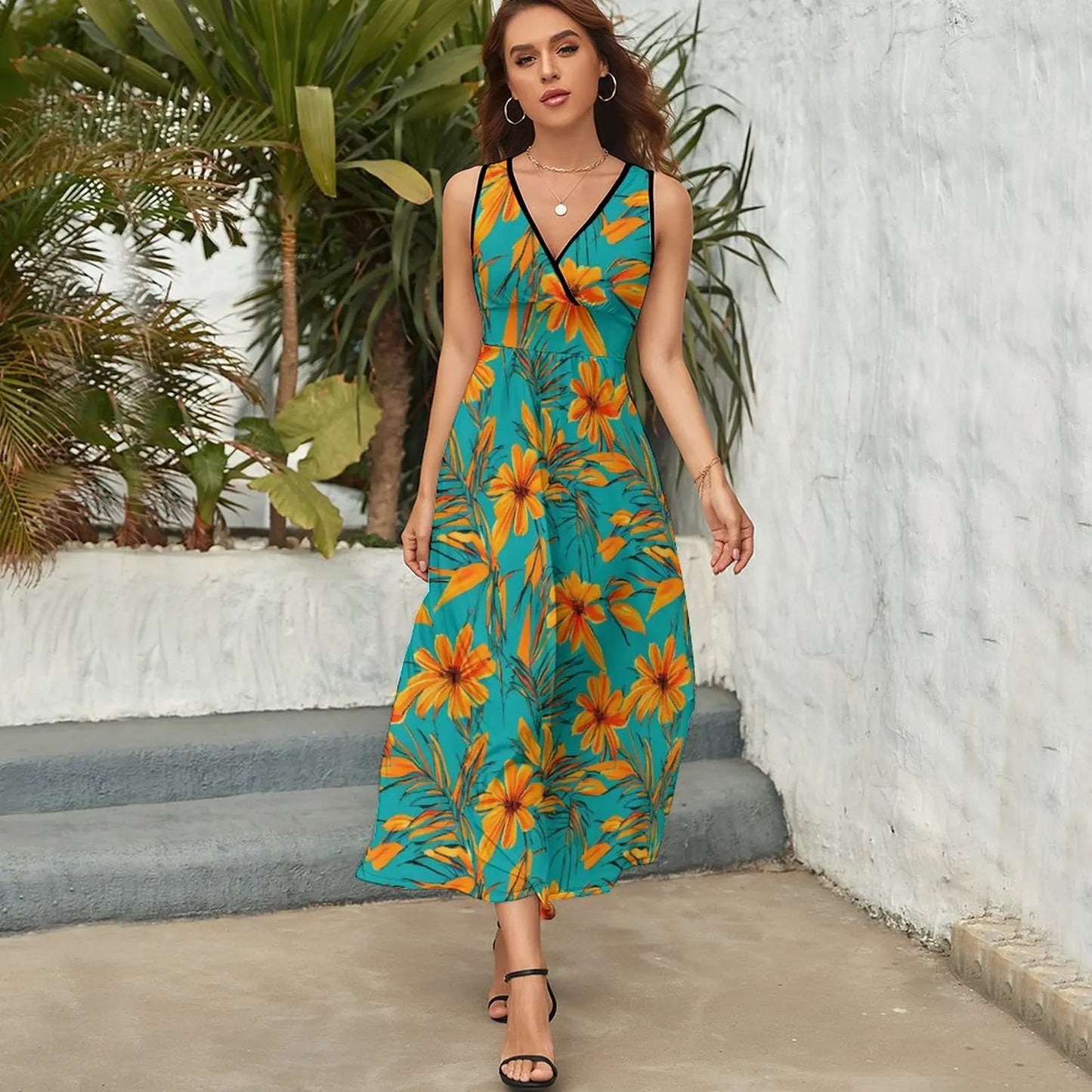 lovwvol Tropical Print Dress Female Orange Flowers Vintage Maxi Dress V Neck High Waist Aesthetic Design Boho Beach Long Dresses