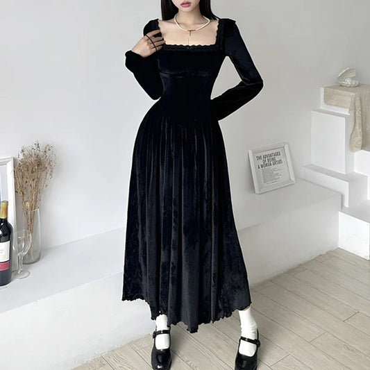 lovwvol Square Neck Lace Trim Black Velour Autumn Dress A-Line Korean Fashion Fold Corset Long Dress Elegant Party Birthday