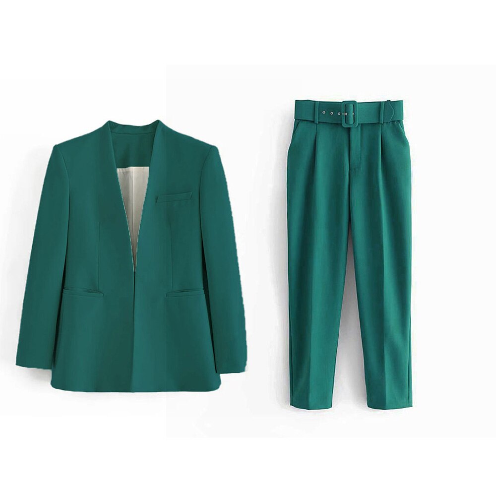 Women Fashion Two Pieces Sets Office Wear Blazers Coat And With Belt High Waist Pants Female