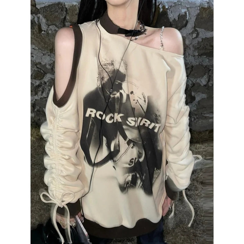 lovwvol Vintage Sweatshirt Y2k Aesthetic Off The Shoulder Harajuku Hip Hop Grunge Pullover Choker Graphic Hoodies Oversized