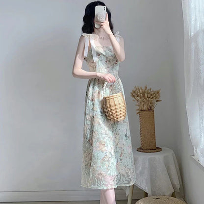 lovwvol JSXDHK New French Vintage Summer Flower Dress Elegant Women Sleeveless Spaghetti Strap Mesh Floral Embroidery Midi Vestidos