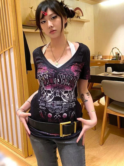 Punk Summer Vintage Y2k Aesthetic Women T-shirt Slim Letter Print Harajuku V Neck Tee Shirts Femme Korean Grunge Sexy Top