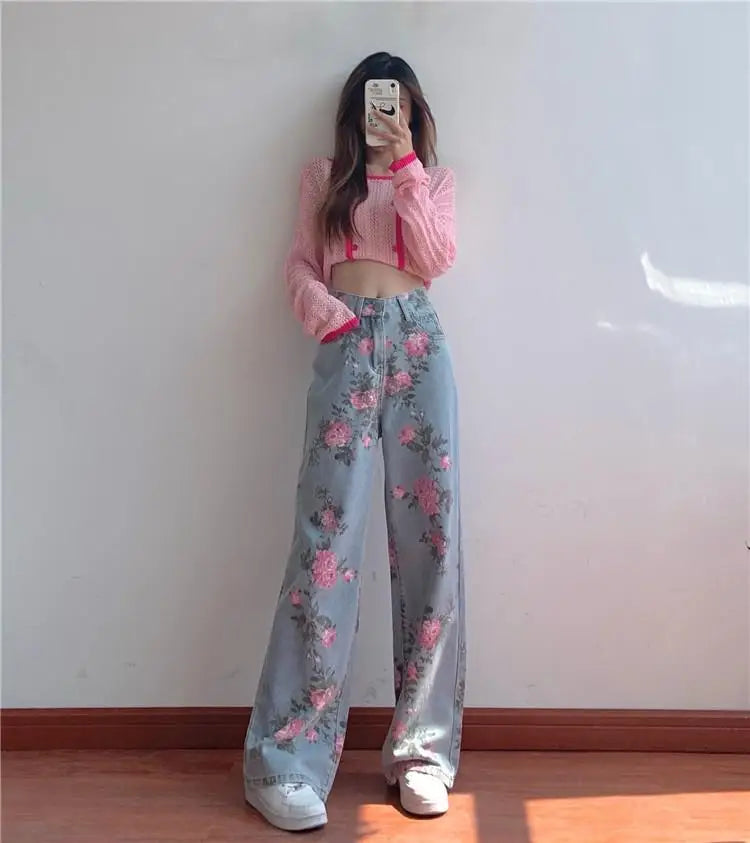 lovwvol Baggy Jeans Korean Fashion High Waist Slim Vintage Print Loose Straight Women's Pants Y2k Elegant Wide Leg Vaqueros