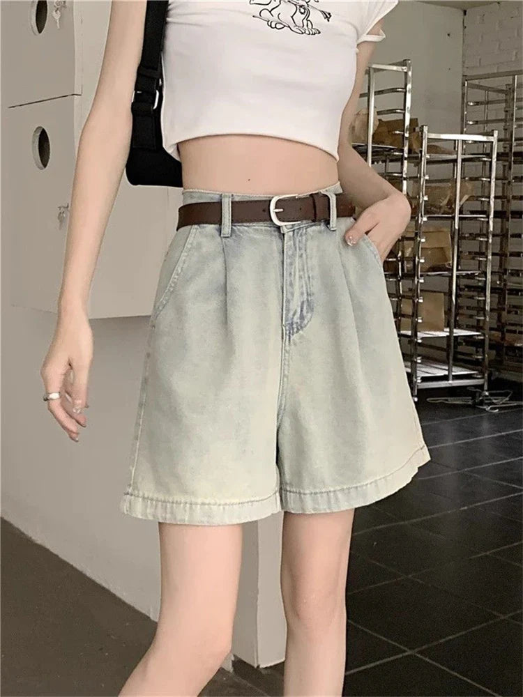 lovwvol Women's A-line Light Blue Thin Denim Shorts Summer Young Girl High Waisted Wide Leg Bottoms Female Knee Length Simple Style Pant