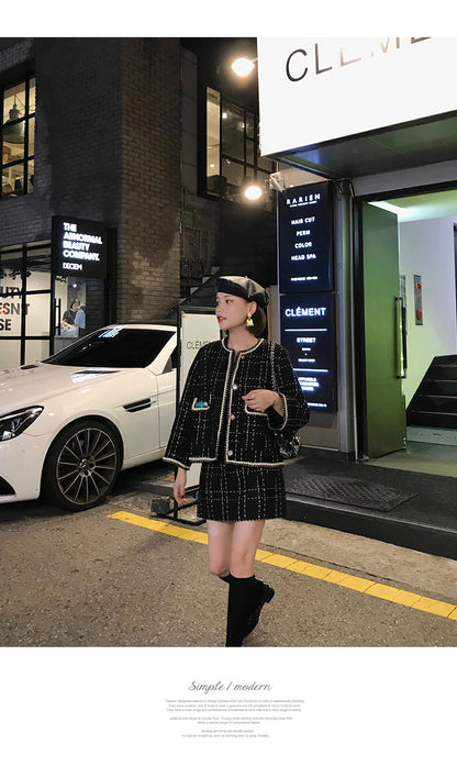 European Style Autumn Winter 2 Piece Set Women Short Woolen Tweed Jacket Coat & Bodycon Mini Skirt Set Women Two Piece Outfits